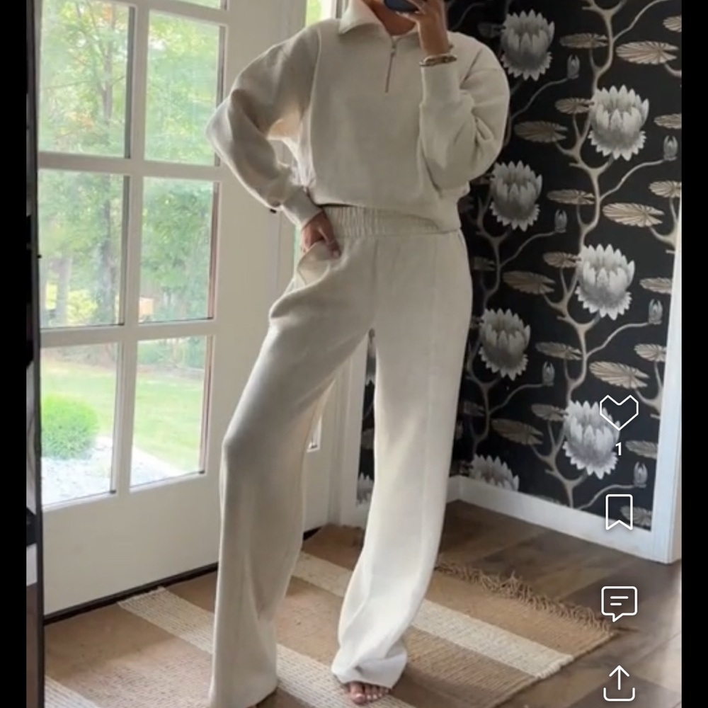 Women's Cream Active Fleece High-Neck Sweatshirt and wide leg sweatpants